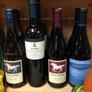 Wild Horse Pinot Gris, 2014 (Central Coast)Bovin Chardonnay, 2013 (Macedonia) Wild Horse Pinot Noir, 2013 (Central Coast) Cloudline Pinot Noir, 2013 (Willamette Valley) 